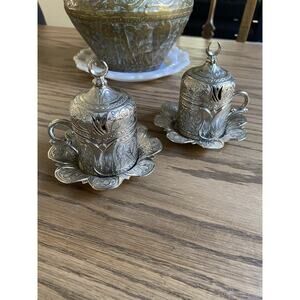 Turkish Ottoman Coffee Set Teacup And Saucers With Lid Metal Cup Sleeve Set